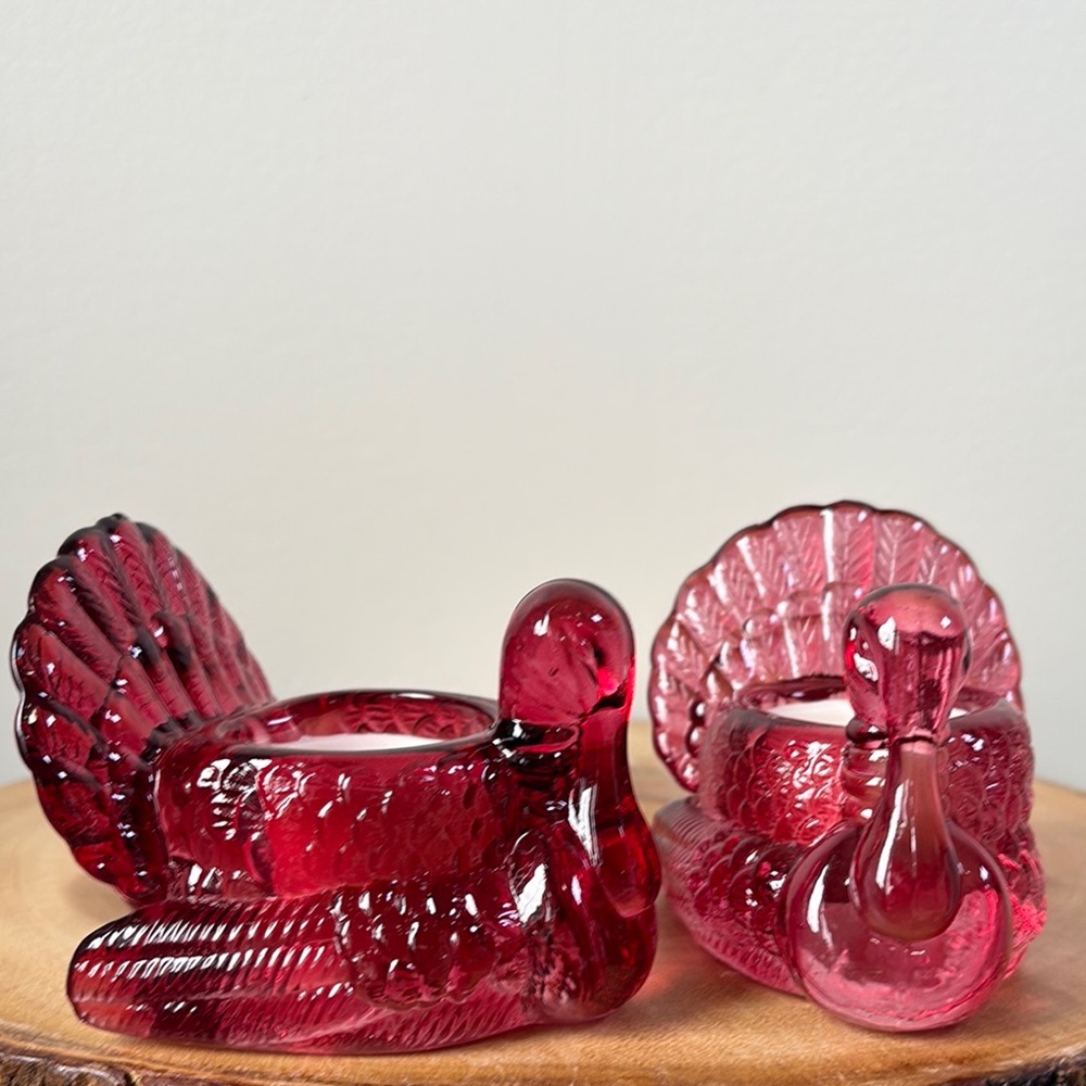 Pair of Pink Glass Turkey Tealight Holders